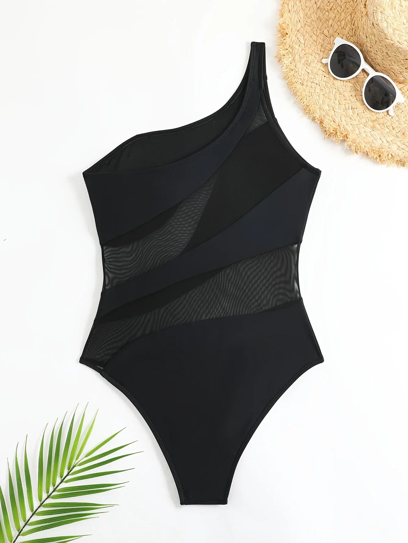 Sexy One Shoulder Swimwear Women 2026 Vintage Mesh Patchwork Transparent Tummy Control One Piece Swimsuit Beach Bathing Suits