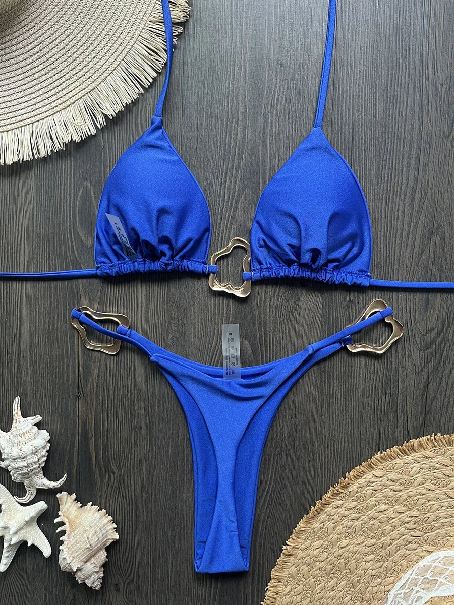 Sparkling Metal Ring Halter Extreme Mini Thong Bikini Female Swimsuit Women Swimwear Two-pieces Bikini Set Bathing Suit Swim