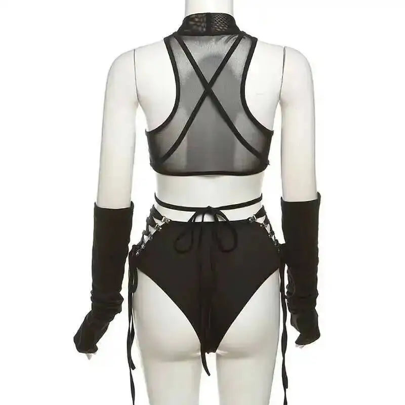 Hollow Out Sexy Cyber Y2k Bodysuits Gothic Mesh Patchwork Tops Female Glove Sleeve Mock Neck Bodysuit Fashion P4ZQ