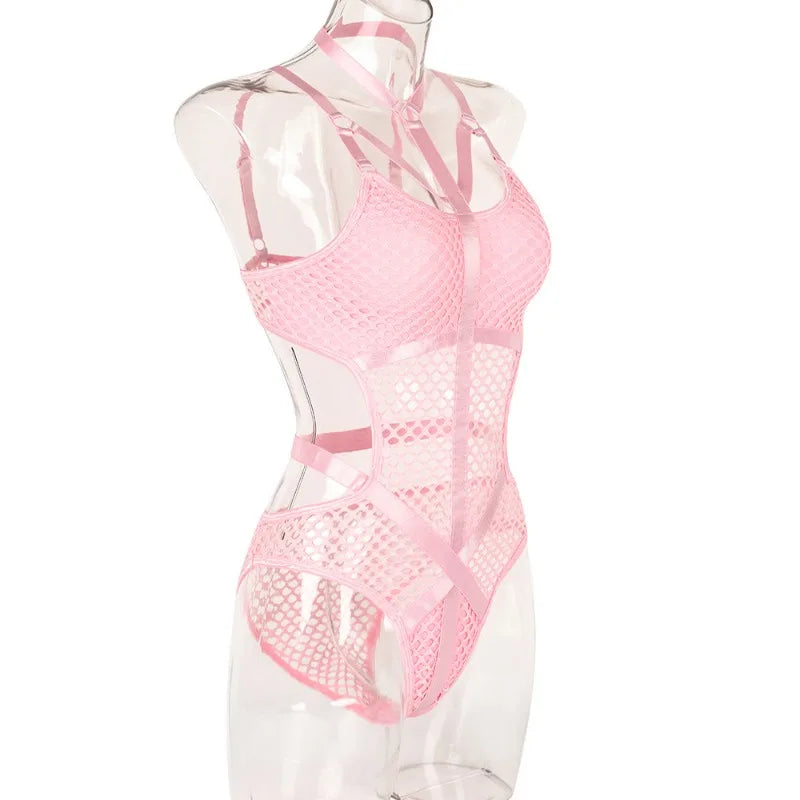 Toucheart Erotic Halter Bodysuit Large Mesh Splicing Andheavy Craftsmanship Women Hollow Seductive Intimate Hot Private Bodysuit