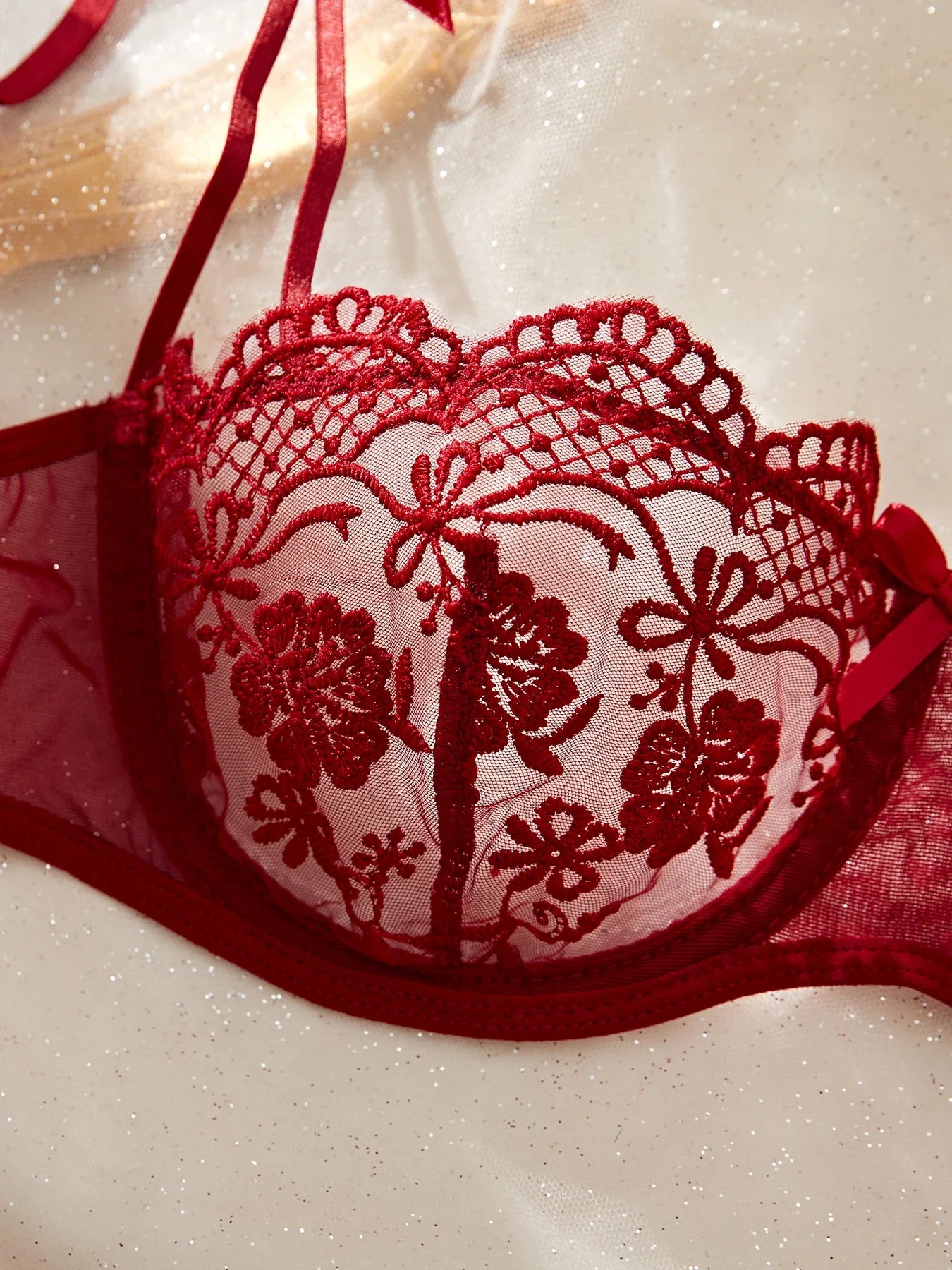 Lady Floral Embroidery Lingerie Set Women Sheer Bra and Brief Underwear Set Satin Sexy Intimates Underwear
