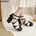 Women's Summer White Buckle Strap Sandals Pink Bowknot Pearls Cross Strap Shoes Black Ruffles High Heels Lady Lolita Party Shoes