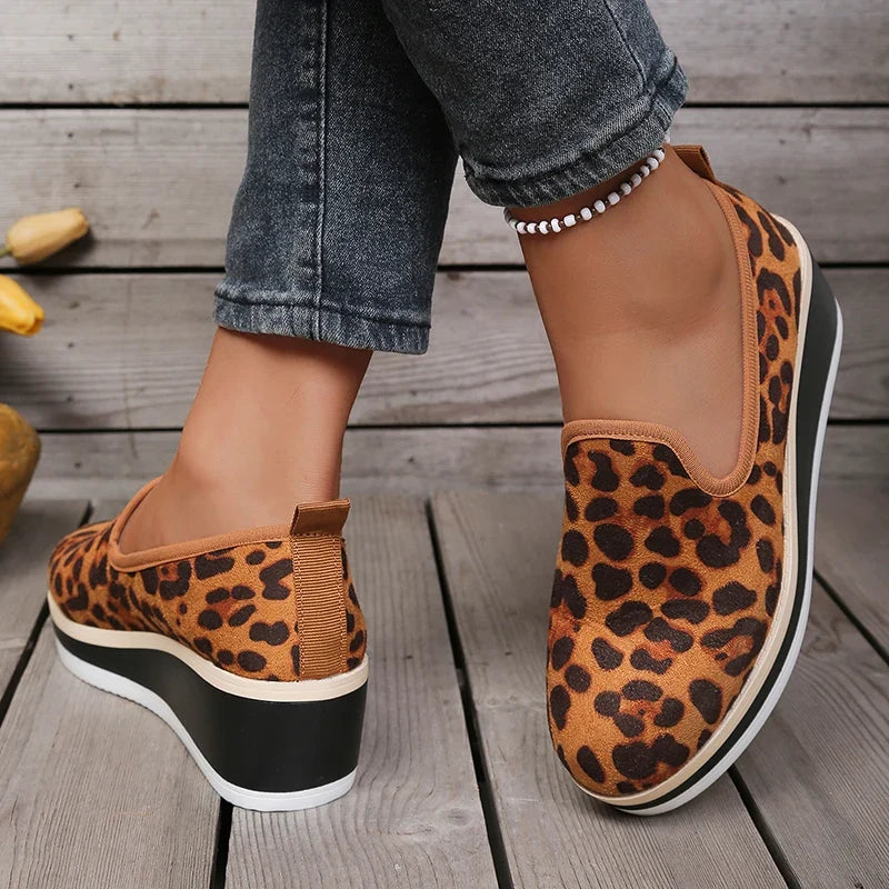 Sexy Leopard Print Wedge Heels Loafers Women Plus Size 43 Slip On Thick Sole Single Shoes Woman Round Toe Platform Casual Shoes