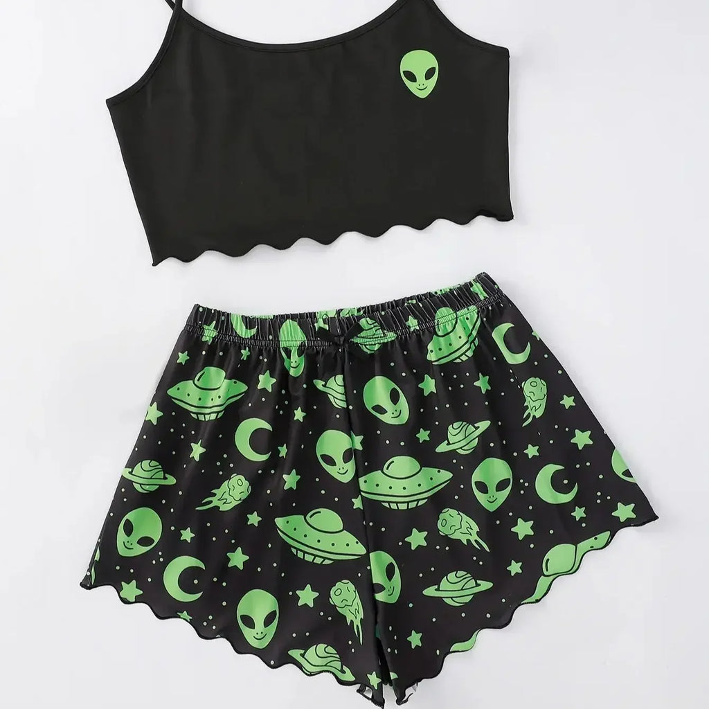 Sexy Alien Print Sling Sleepwear Women's Pajamas Set V-Neck Pyjamas Female Homewear Sleeveless Cute  Top And Shorts