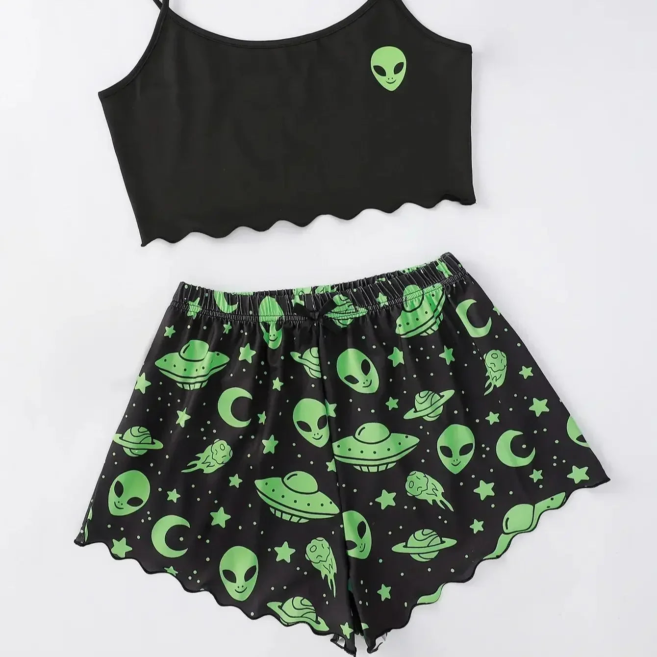 Sexy Alien Print Sling Sleepwear Women's Pajamas Set V-Neck Pyjamas Female Homewear Sleeveless Cute  Top And Shorts