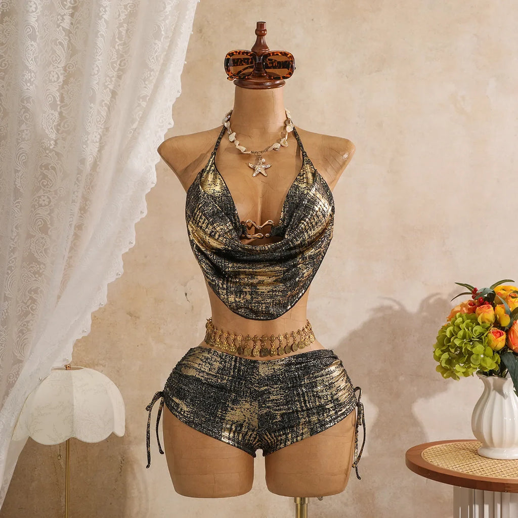 Sexy Hot Stamping Gold Swimwear Women 2026 Collar Split Top Drawstring Side High Waist Bikini Set Summer Bathing Suit Swimsuit
