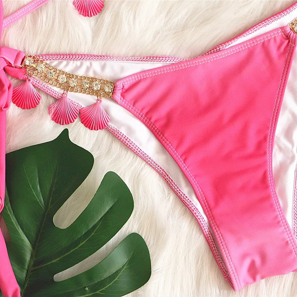 DEKA Shell Bikinis Sexy Swimsuit with Rhinestones Criss Cross Bikini Set Women Pink Push Up Bathing Suit Diamond Thong Swimwear