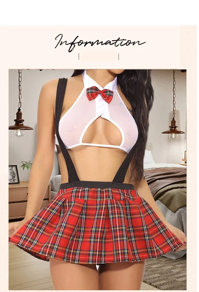 Toucheart Sexy Uniform Temptation Jumpsuit For Women Cosplay Mesh Plaid Perspective JK Sex Suit Mesh Patchwork Uniform Set New
