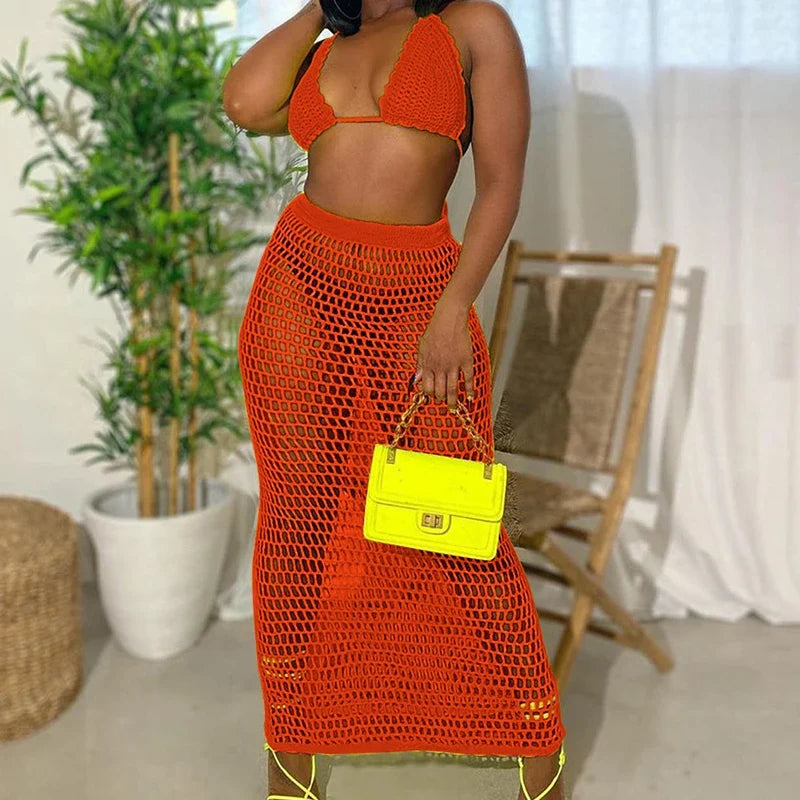 DEKA Beach Cover Up High Split Crochet Knitted Tunic Beach Dress Beach Wear Beachwear Women Long Knit Hollow Tassels Skirt Suit