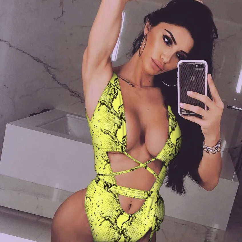 6 Colors New Sexy One Piece Swimsuit Swimwear Women Leopard Snakeskin Print Hollow Cross Straps One-piece Bathing Suit Beachwear