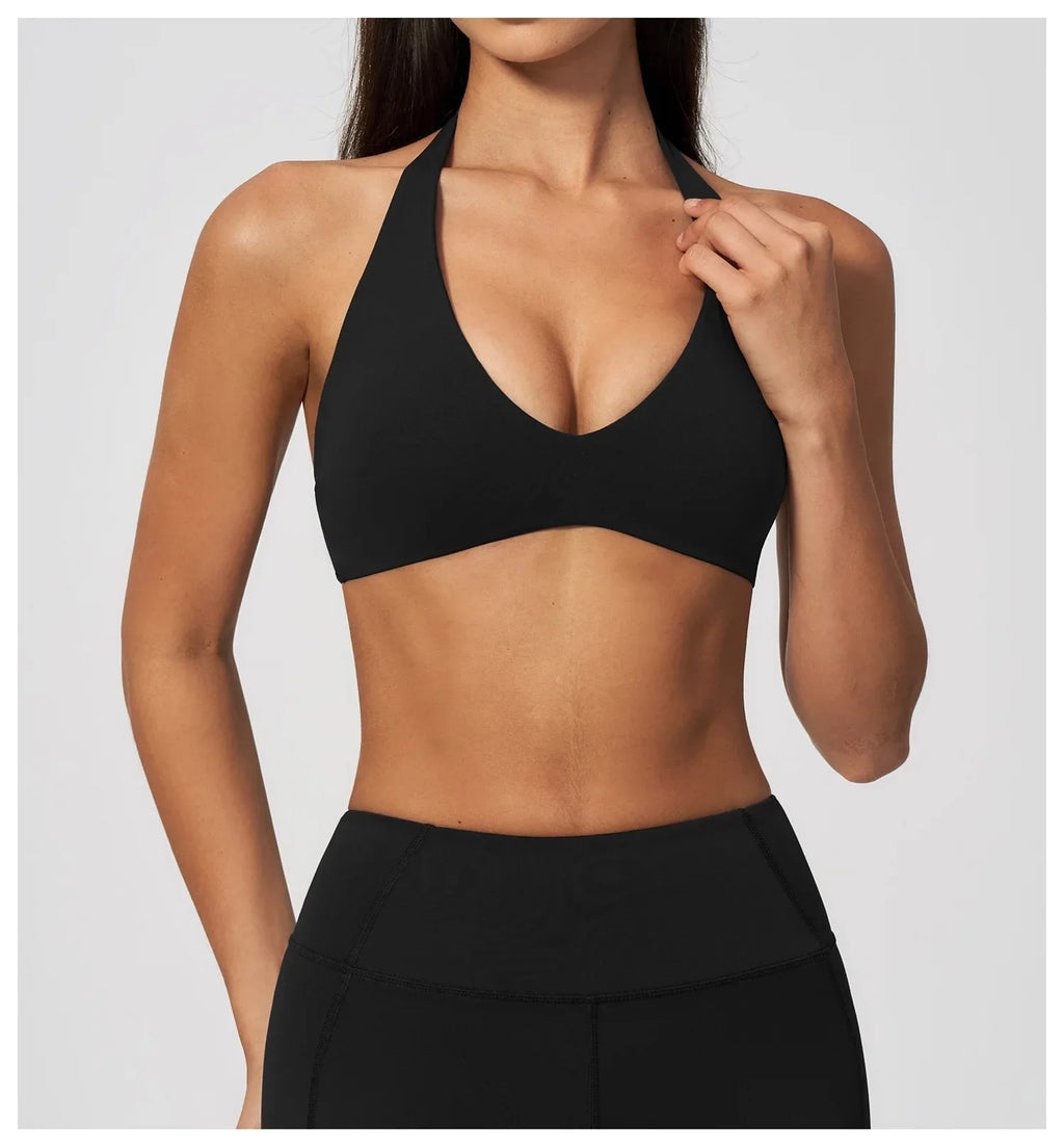 Halter V Neck Yoga Bra Sexy Backless Shockproof Gym Sports Tank Top Quick Dry Workout Fitness Outdoor Gym Running Bra