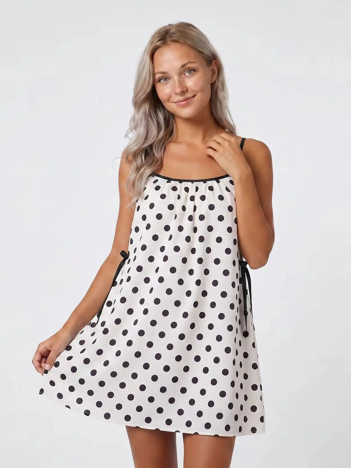 2026 Summer Women's Loose Fit Cami Dress Spaghetti Strap Flowy Mini Dress Dot/Striped Party Bohemian Holiday Sundress