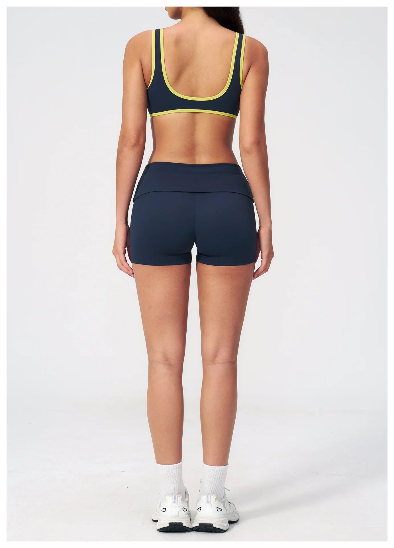 Tight Color Contrast Yoga Suit 2 Pieces Women V Neck Sports Bra Pleate High Waist Shorts Gym Running Fitness Suits Tracksuit