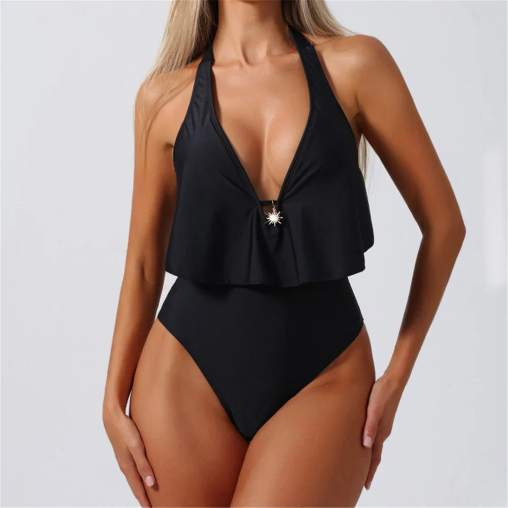 S - XL Deep V Neck Halter Backless One Piece Swimsuit Women Swimwear Female High Cut Leg Monokini Bather Bathing Suit Swim K7444
