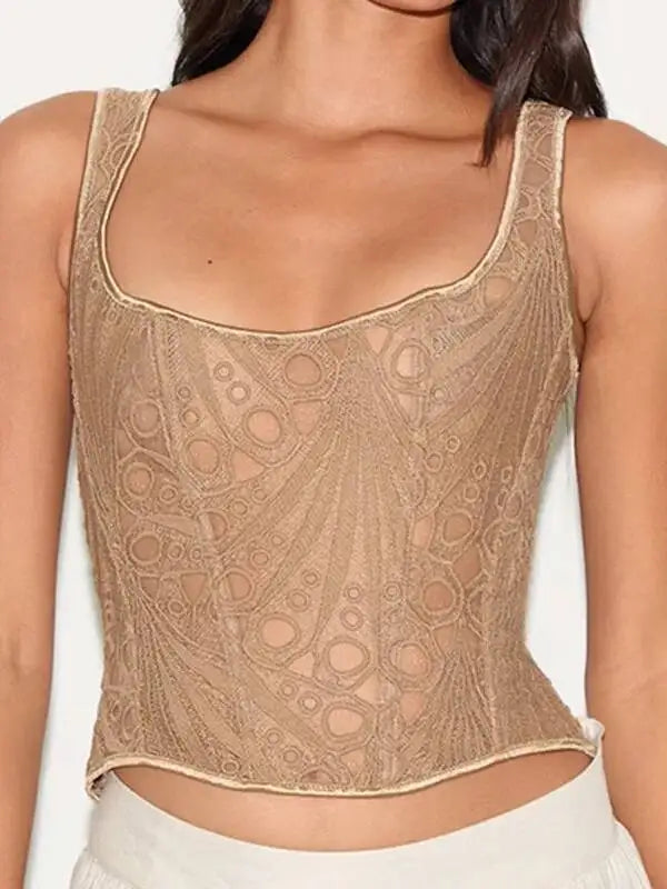Lace Double Layer Fitted Corset Casaul Style Waist Trainer Mesh Solid Color Hollow Out Backless Suspenders Sleeveless Top CSSX
