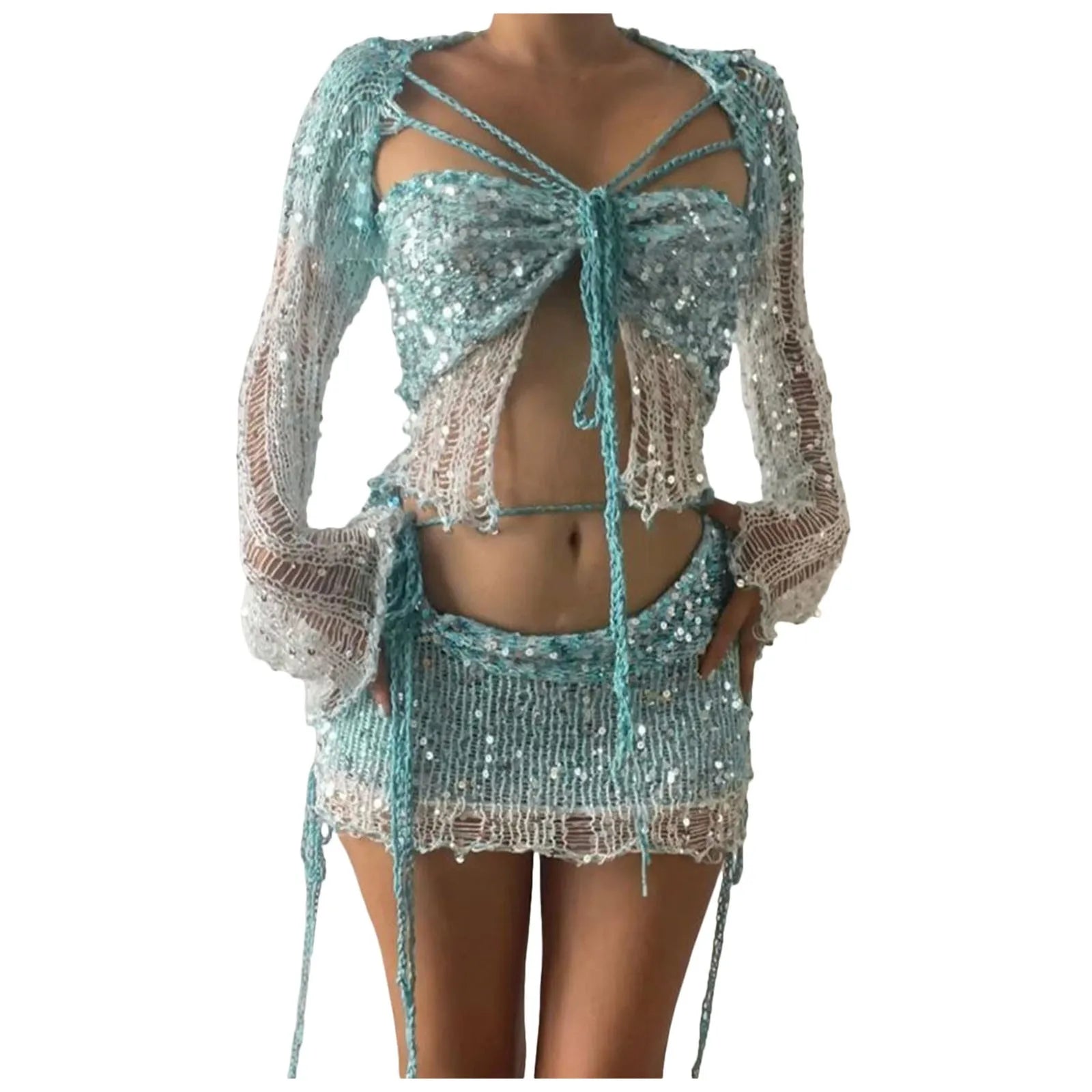 Glitter Sequins Knitted Skirt Sets Women Fashion Hollow Sequins Bandage Tube Top Mini Skirts 3 Piece Outfit Vacation Clothing