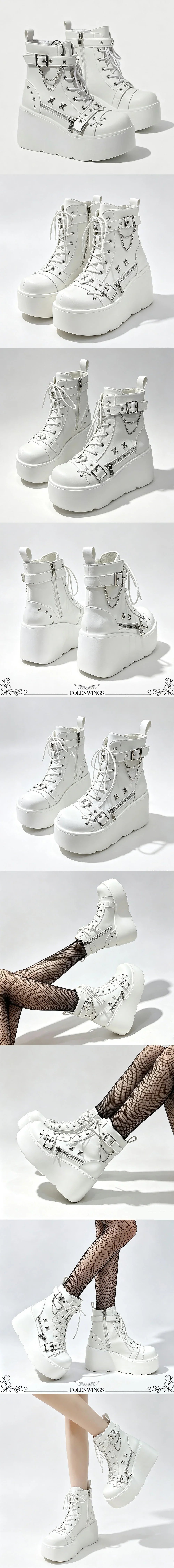 Size 42 Gothic Black Platform Creepers Shoes White Smooth Faux Leather Goth Creepers E-girl Chunky Lace Up Lolita Casual Shoes