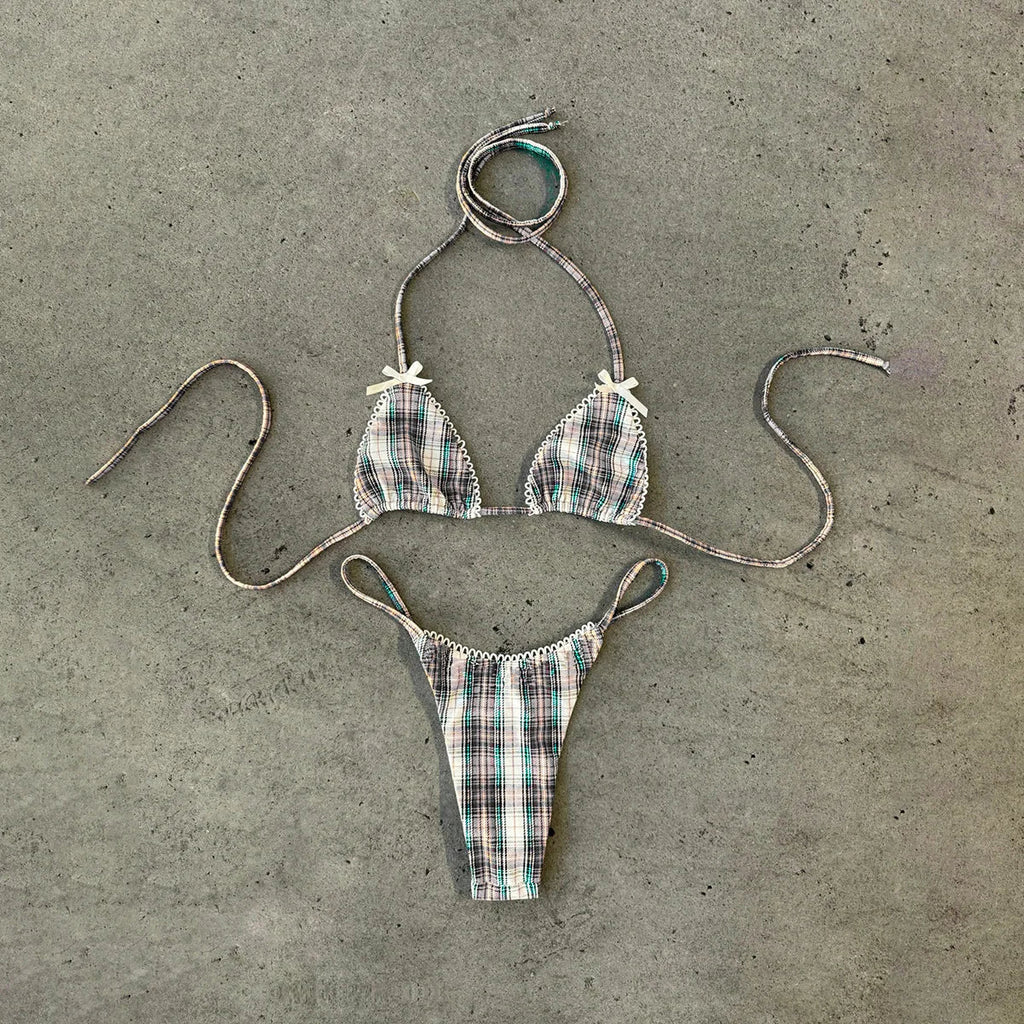 New 2026 Women's Micro Bikini Set Plaid Print Neck Lace-up Backless Biquini Beachwear Sexy Push Up Thong Low Waist  Bathing Suit