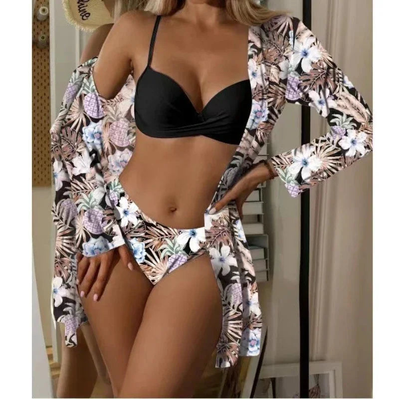 Boho Style Women's 3 Pieces Swimsuit Floral Bikini Set+Long Sleeve Cover-Up Swimwear Sexy Low Waist Tankinis Beachwear Holiday