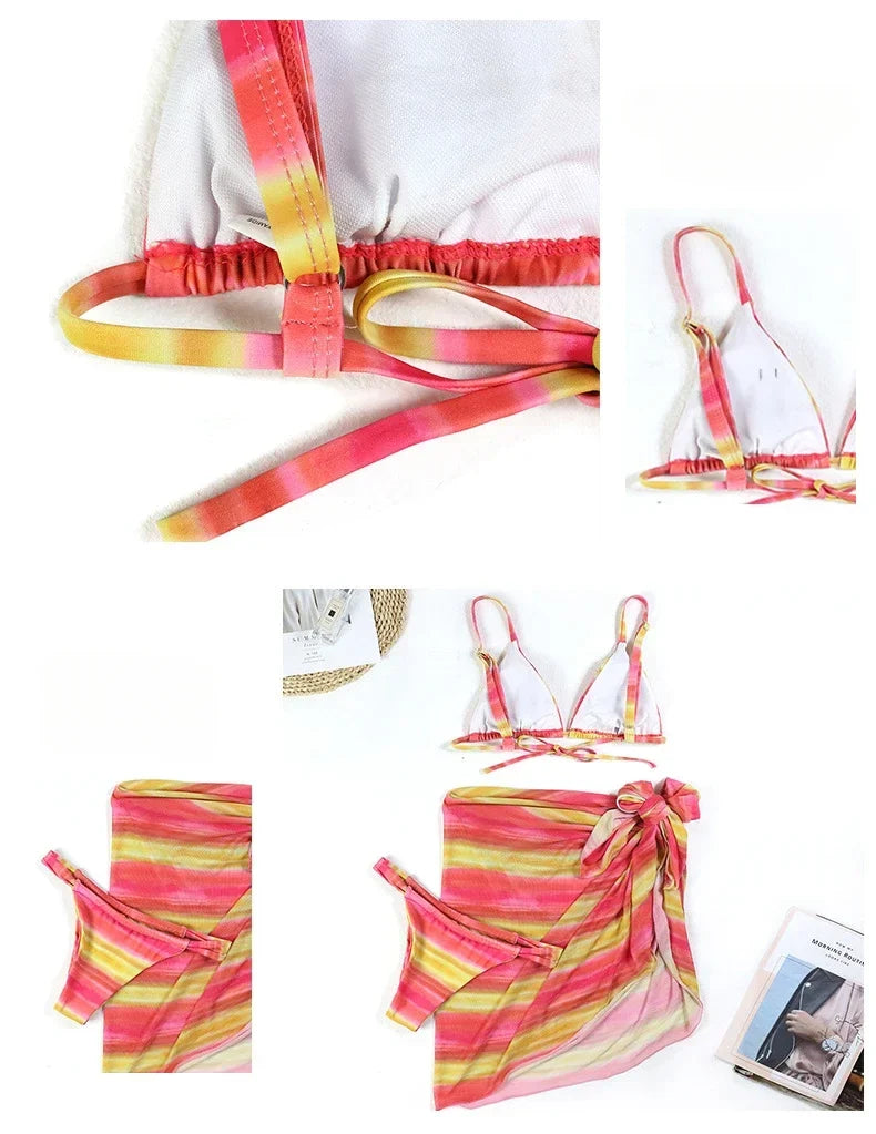 3 Piece Bikini Set Sexy Swimwear Swimsuit Women Triangle Leopard Rainbow Tie Dye Bikinis Set Bathing Suit Beach Skirt Cover Up