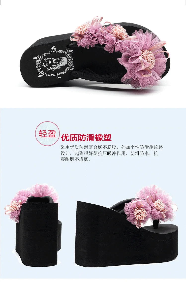 2025 New Beach Flip Flops For Women Summer Wedges Shoes Bohemian Flower Slippers Girls Sexy High Heels Street Platform Sandals