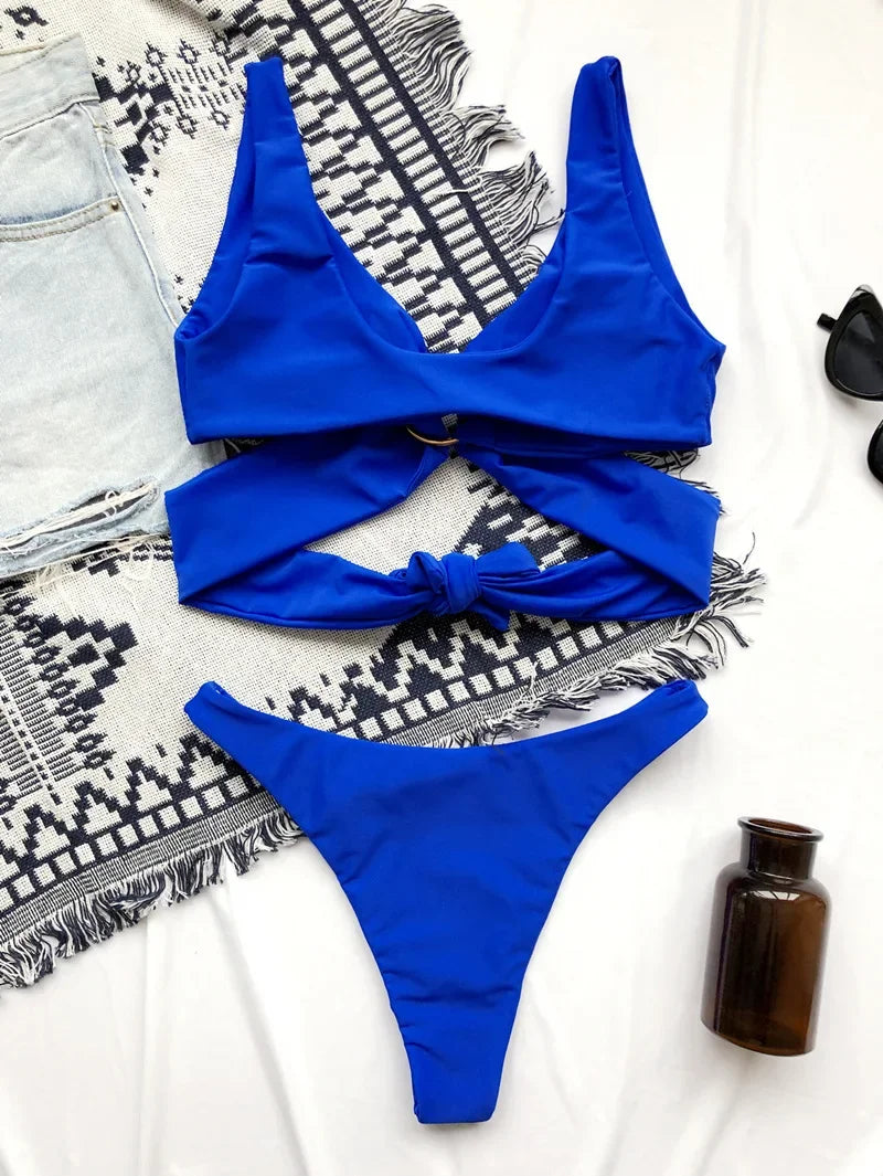 Sexy Adjustable Rings Cross Bandage Bikini Female Swimsuit Women Swimwear Two-pieces Bikini set Bather Bathing Suit Swim Lady