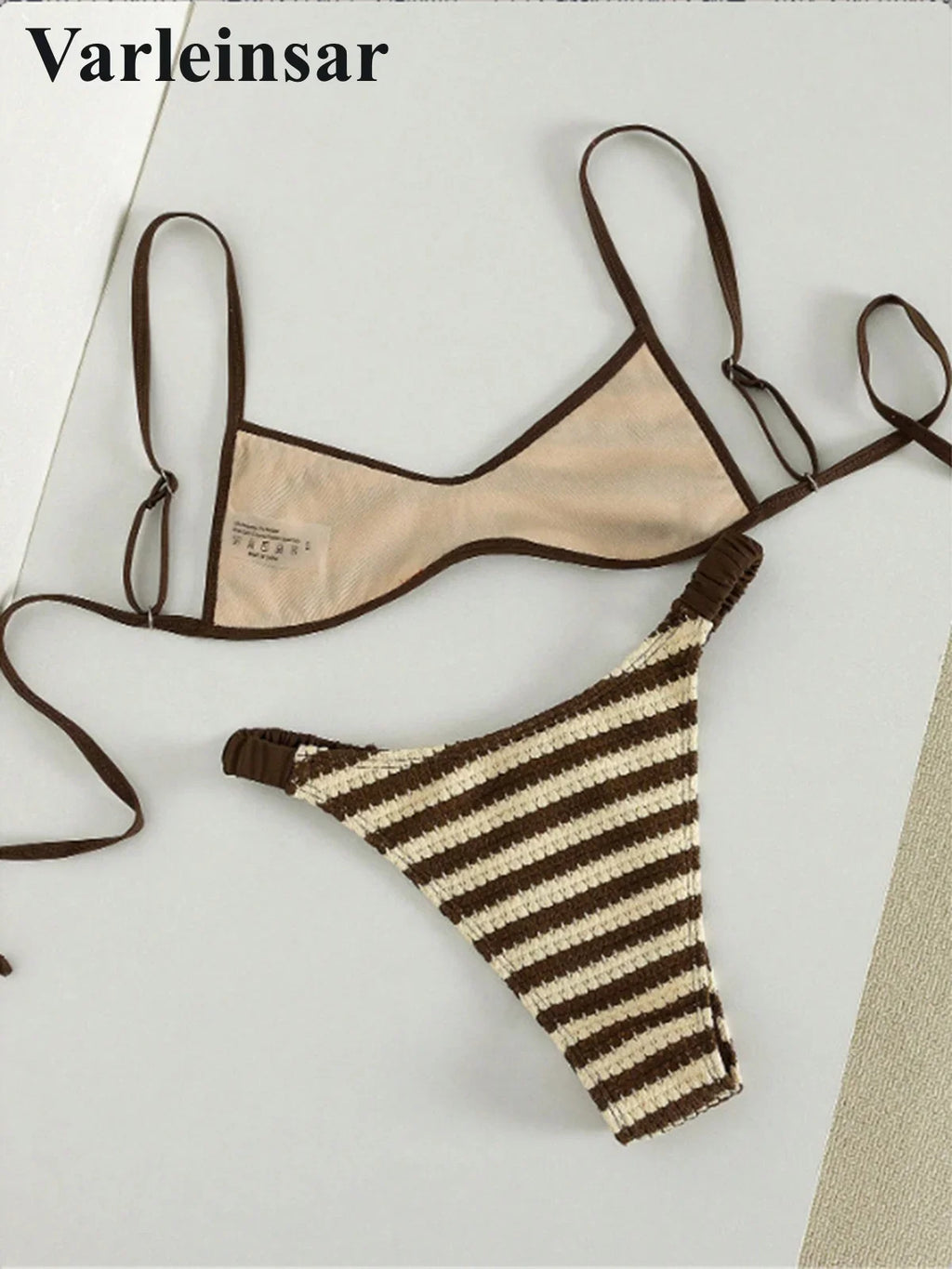 Striped Crochet Knitted Bikini Female Swimsuit Women Swimwear Two-Pieces Bikini Set High Leg Cut Bather Bathing Suit Swim V8225