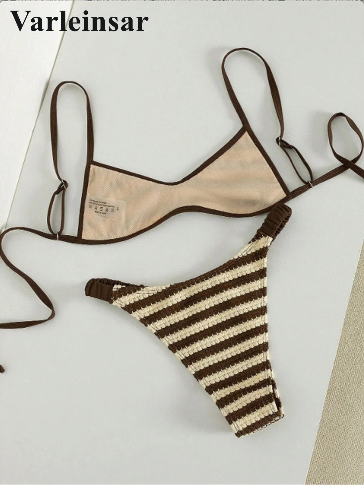 Striped Crochet Knitted Bikini Female Swimsuit Women Swimwear Two-Pieces Bikini Set High Leg Cut Bather Bathing Suit Swim V8225