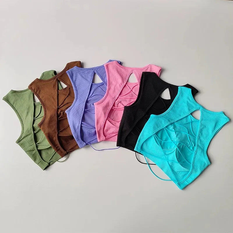 Women's Sexy Threaded Cross Hollow Back Yoga Exercise Fitness Vest Integrated Sports Training Bra Vest for Fitness And Yoga