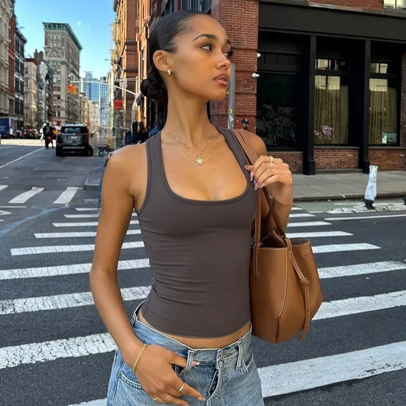 Women's Fashion Solid Tank Tops 2026 Streetwear Sleeveless T-shirt Female Square Collar Skinny Corset Y2K Girls Gray Crop Top