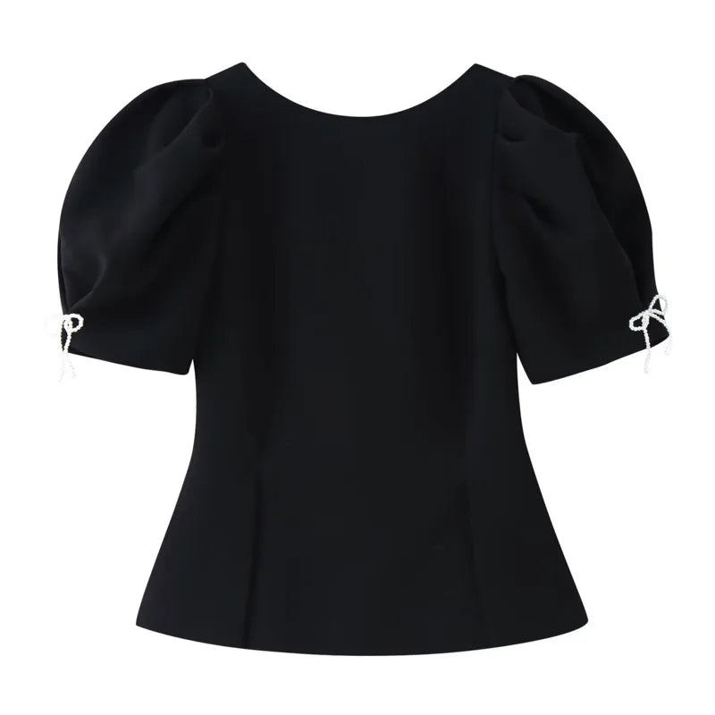 Women's Fashion Casual Bowknot Faux Pearl Puff Sleeve Black Puff Sleeve Bow Detail Peplum Waist Short Sleeve Top For Women Q2Y3