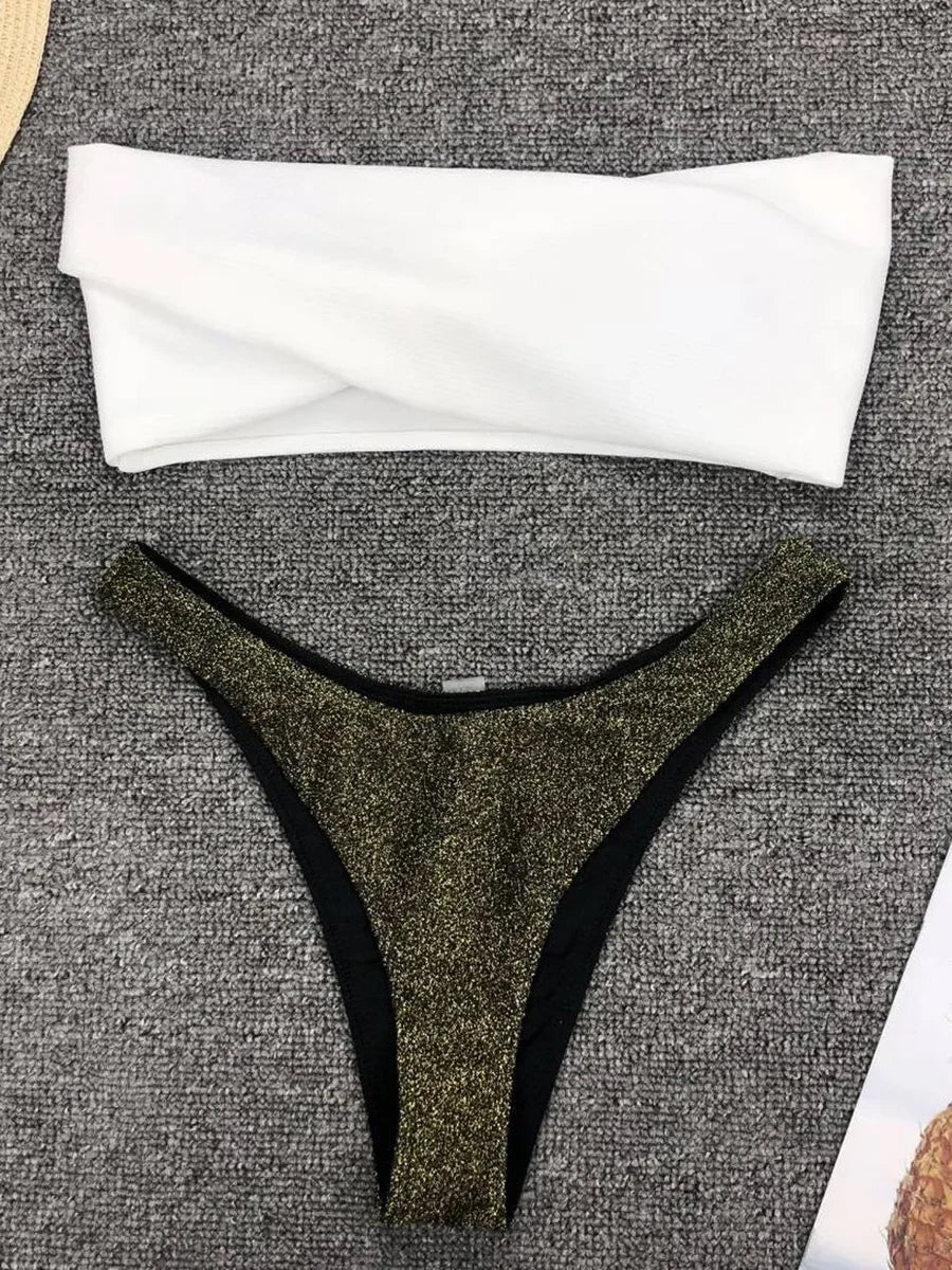 Sexy Sparkling Shiny Ribbed Bandeau Bikini 2025 Women Swimsuit Female Swimwear Two piece Bikini Set Triangle Bathing suit Swim