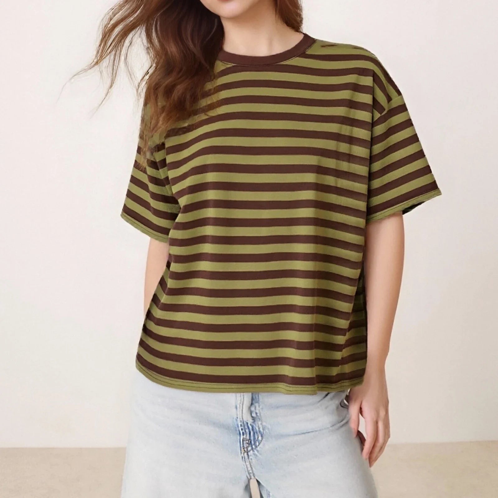 Striped Print Summer T-shirt for Women Loose Casual Contrast Short Sleeve Round Neck Basic Tops