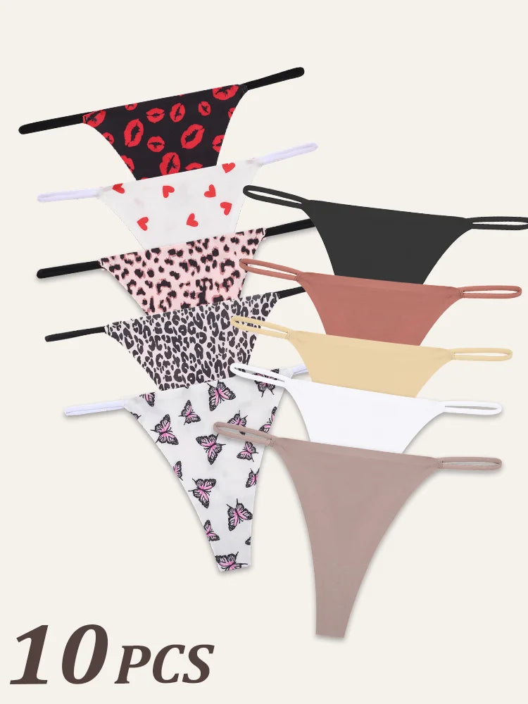 10Pcs/Set Seamless Thong Women Thin Strap Low Waist High Flexibility Panties Underwear Ladies Briefs T-back Comfortable Women