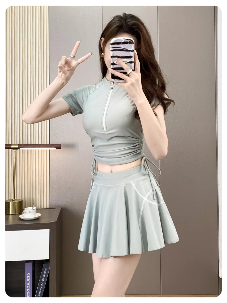 Split Sports Swimsuit, Women's Flat Corner Skirt Style Two-piece T-shirt, Girls' Student Sun Protection Swimming Suit