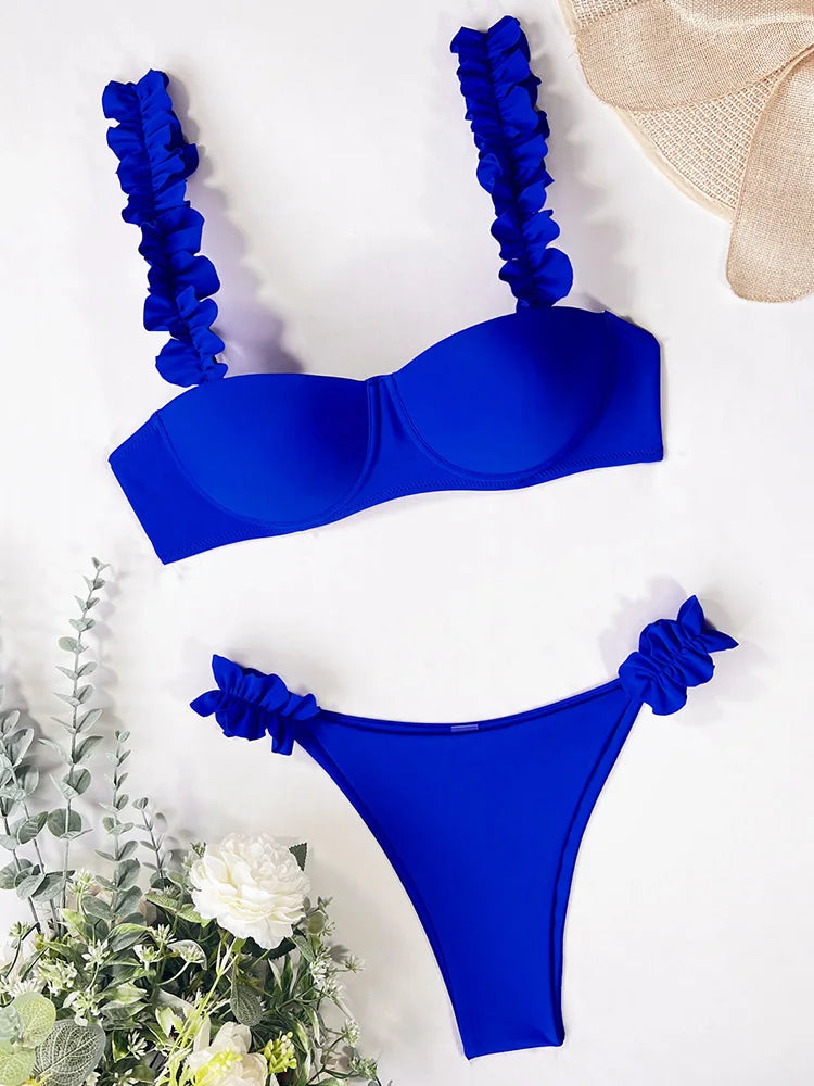Underwired Bra Cup Ruffled Frill Bikini Women Swimsuit Female Swimwear Two Pieces Bikini Set Push Up Bathing Suit Swim Beachwear