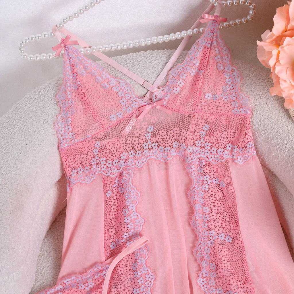 New Flowers Lace Vulgar Nightdress Casual Deep V Neck Spaghetti Strap Sleep Dress Women Sleepwear Dresses Sexy Lingerie Babydoll