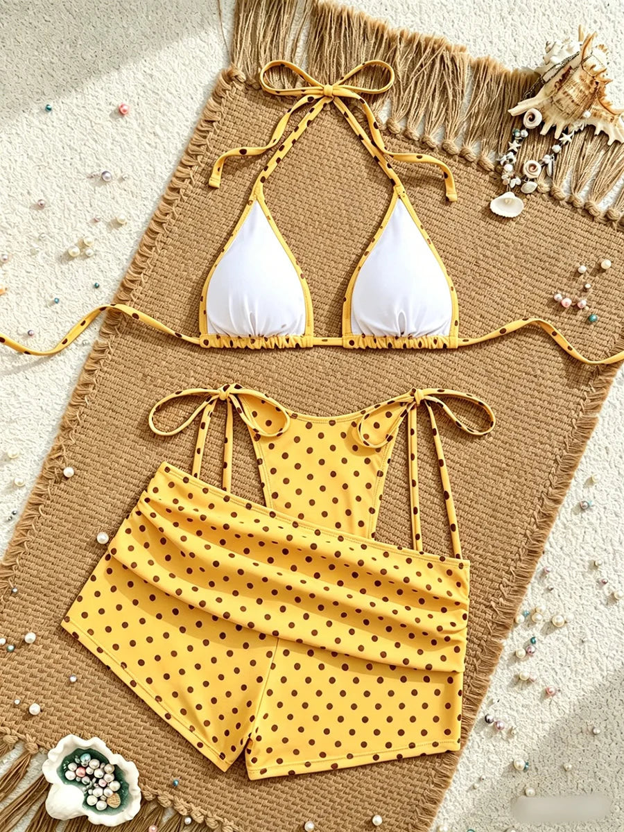 With Shorts Polka Dot Halter Mini Micro Thong Bikini Female Swimsuit Women Swimwear Three-pieces Bikini Set Bathing Suit Swim