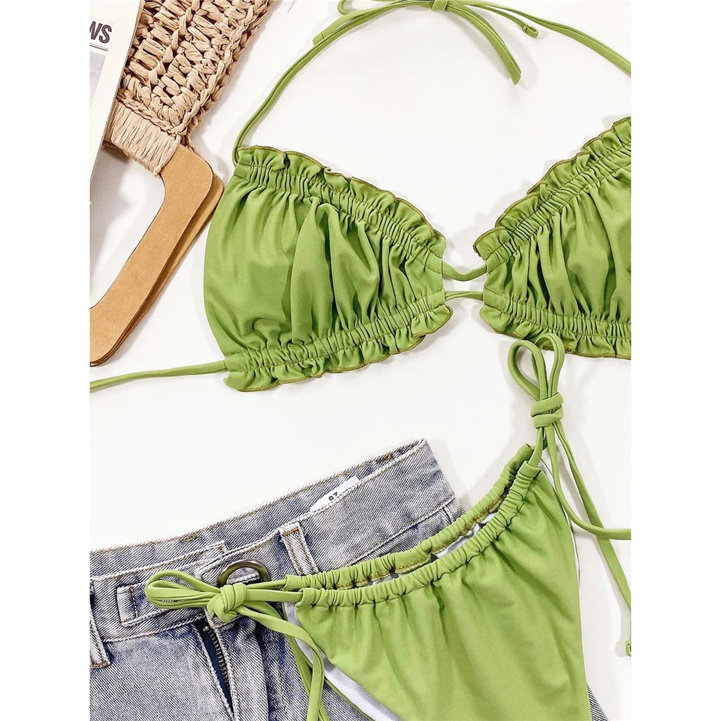 Sexy Ruffled Frilled Pleated Ruched Bikini Women Swimwear Female Swimsuit Two-pieces Bikini Set Bather Bathing Suit Swim V3239