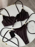 Sexy Black Polka Dot Print Bikini Set Women Pleate Push Up Underwire Bra Beaded String Thong Swimsuit 2026 Bathing Suit Swimwear