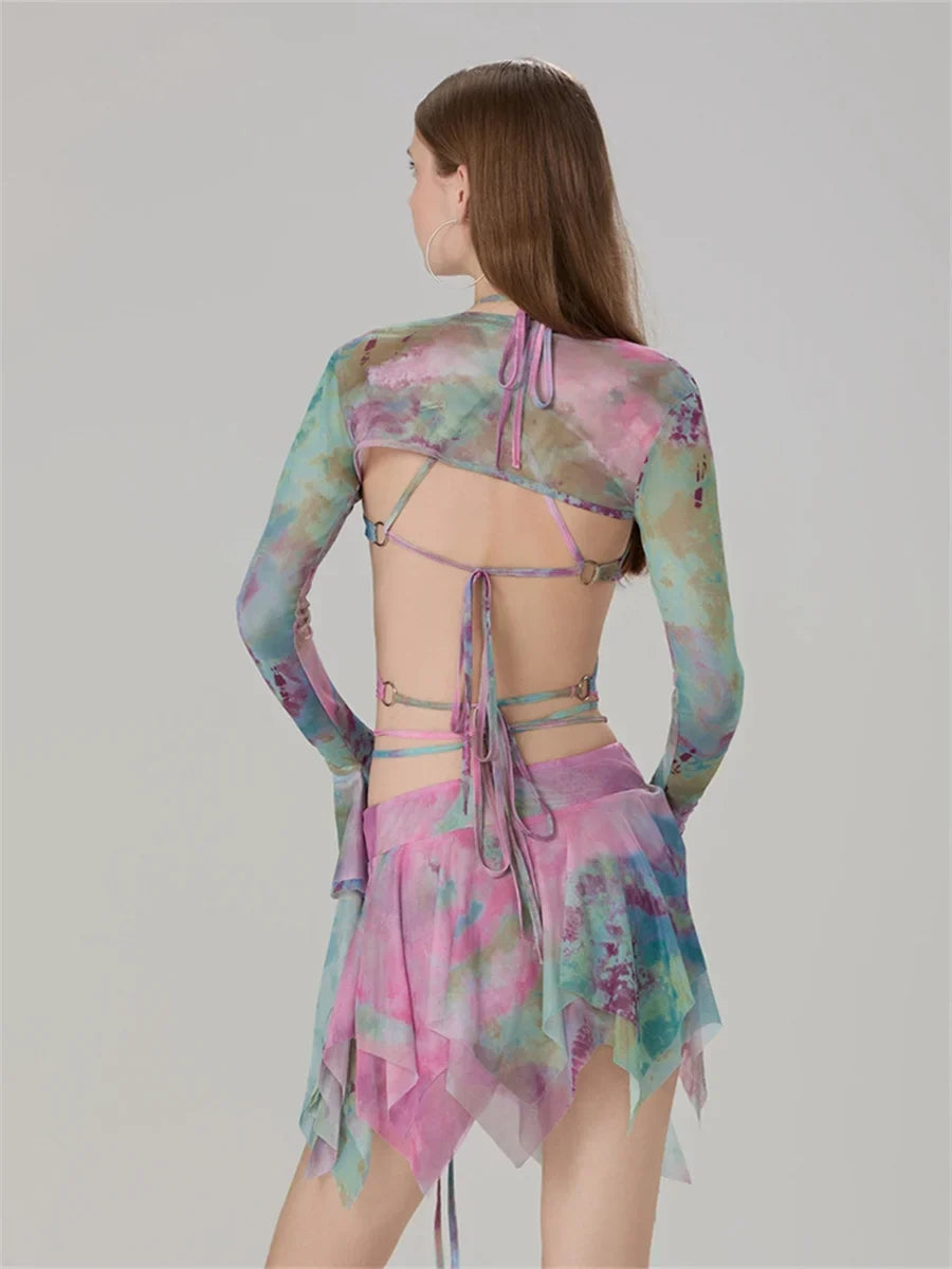 Women 3 Piece Sets Long Sleeve Shrug + Halter Tank Top + Irregular Pleated Skirts Y2K Aesthetic Gothic Sexy Streetwear