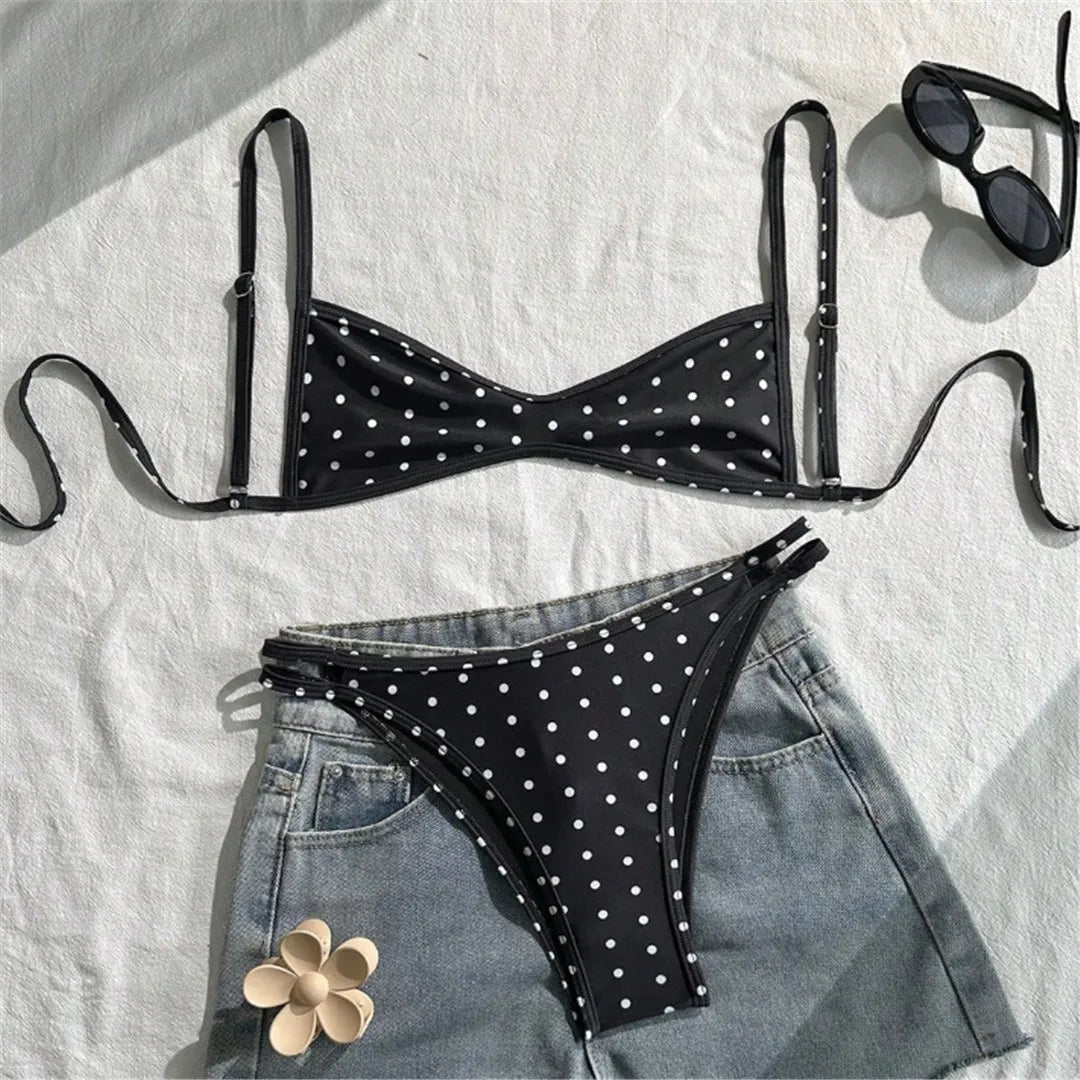 S - XL Polka Dot V Neck Bikini Women Swimwear Female Swimsuit Two-pieces Bikini set High Leg Cut Bather Bathing Suit Swim V8147