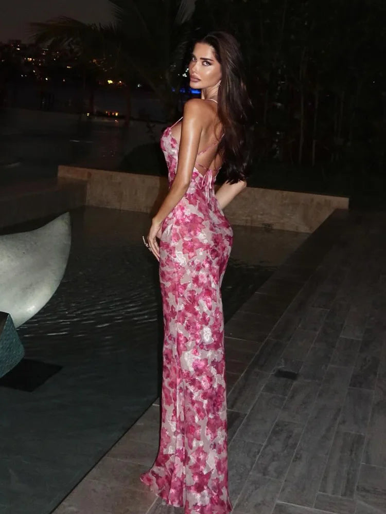 Ahagaga Fashion Women's Maxi Dresses 2026 Summer New Sexy Backless Print Dress Strap Sleeveless Party Beach Bodycon Elegant Cute