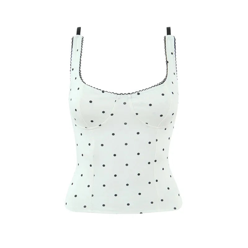 Sexy Polka Dot Camisole For Women Niche Lace Collar Slim-fit Outerwear Suitable For Seaside Vacations Elegant Charming 9B81