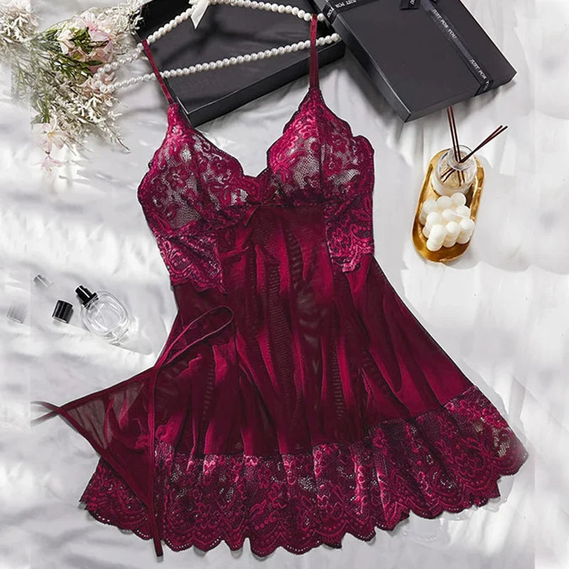 Transparent Lace Nightgown Sexy Sleepwear Female Exquisite Homewear V-neck Bra Thong Set Sleeveless Nightdress Hot Tulle Dress