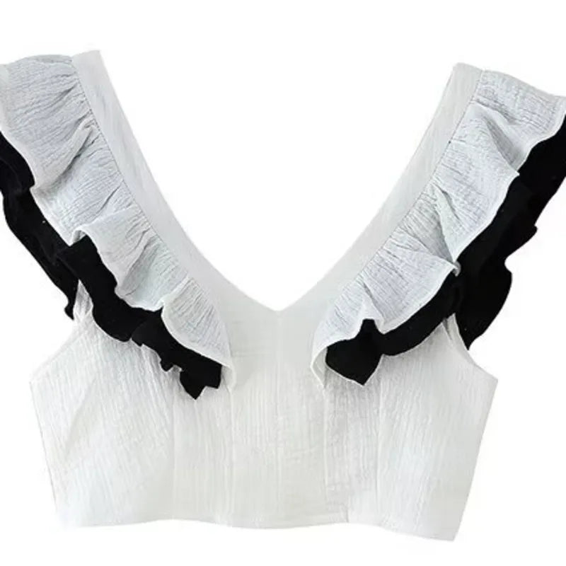Women's Contrast Color V-Neck Ruffle Top And Skirt Women White Ruffle Trim Crop Top Skirt Casual Summer Outfit Pure Desire 0U19