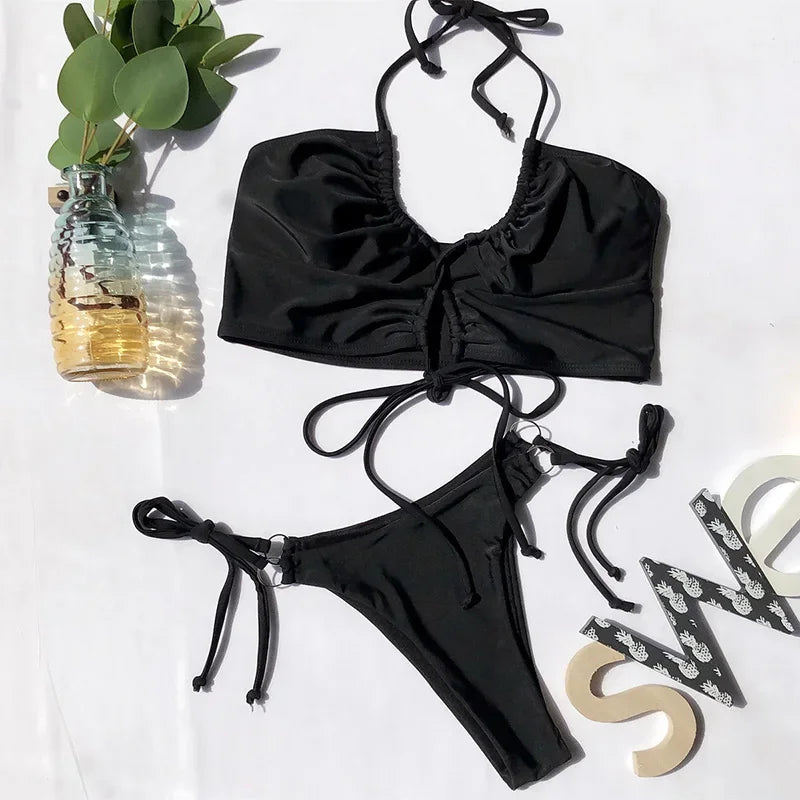 Sexy High Cut Leopard Bikini Women Thong Swimwear Female Swimsuit Two-pieces Bikini set Lace Up Bather Bathing Suit Swim Lady