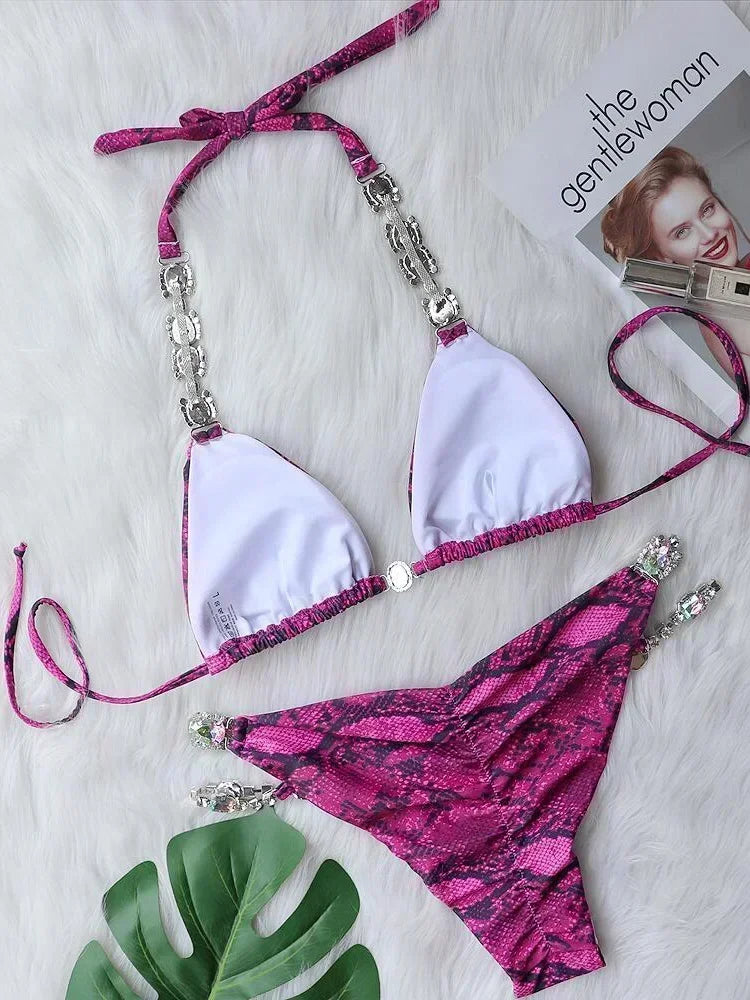 Snake Printed Halter Rhinestone Diamond Bikini Women Swimwear Female Swimsuit Two-pieces Bikini Set Brazilian Bathing Suit Swim