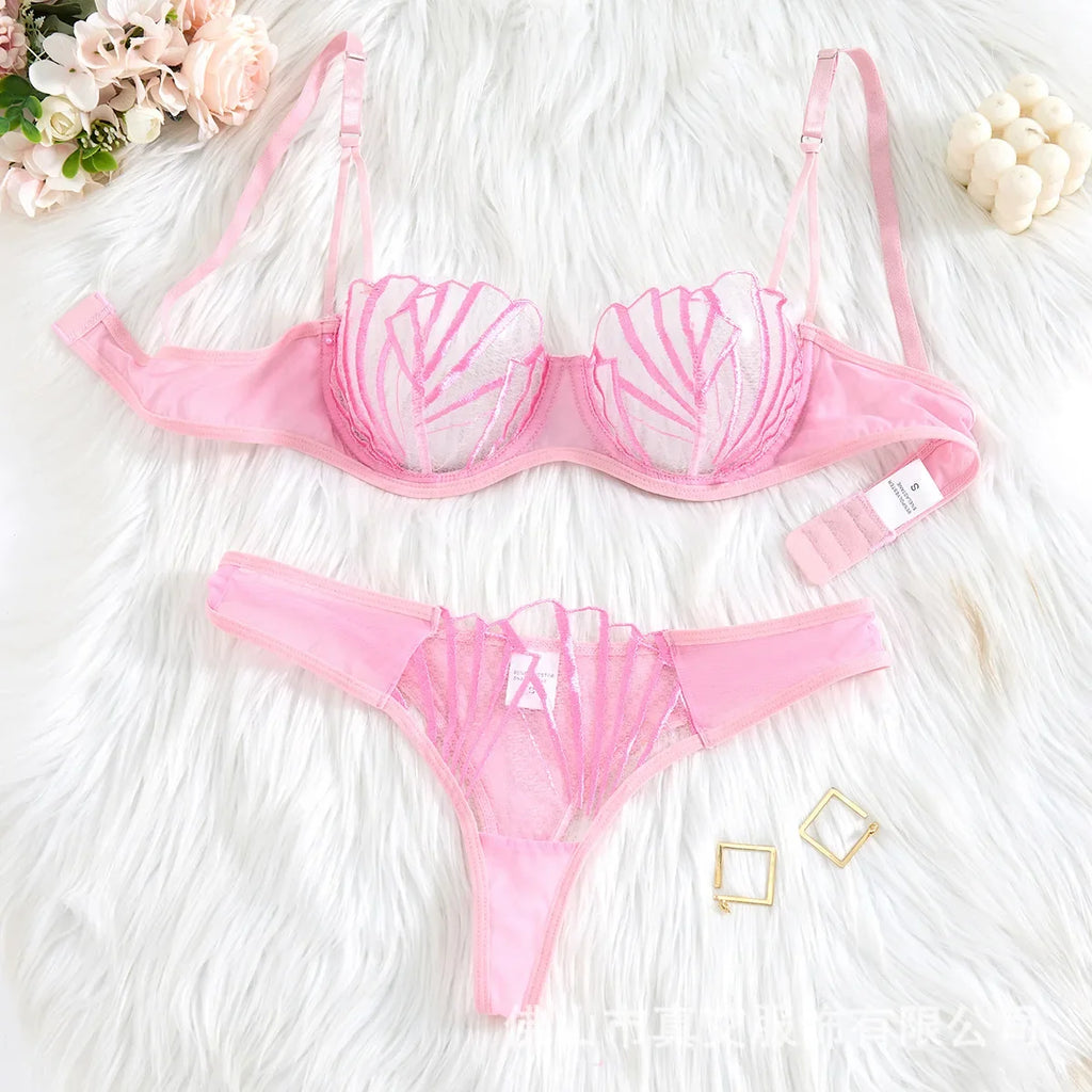 2pcs Women's Bra Set Sexy Lace Mesh Lingerie Set Ultra Thin Breathable Comfortable Lightweight Scallop Transparent Lingerie Set