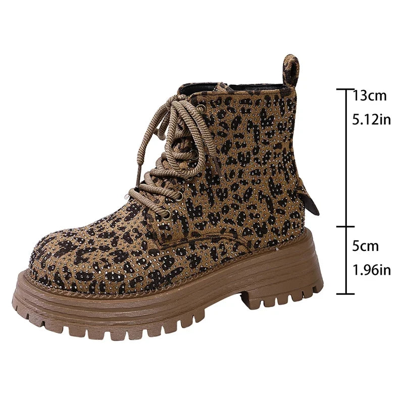 Fashion Leopard Print Platform Ankle Boots Women Lace Up Thick Sole Crystal Short Booties Mujer Round Toe Zipper Modern Boots